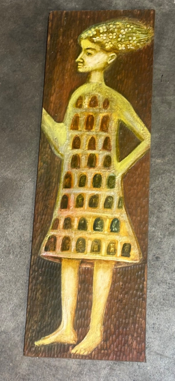1970s Vtg FOLK ART RELIEF CARVING hand painted 27″x 9″ wood panel WOMAN IN DRESS