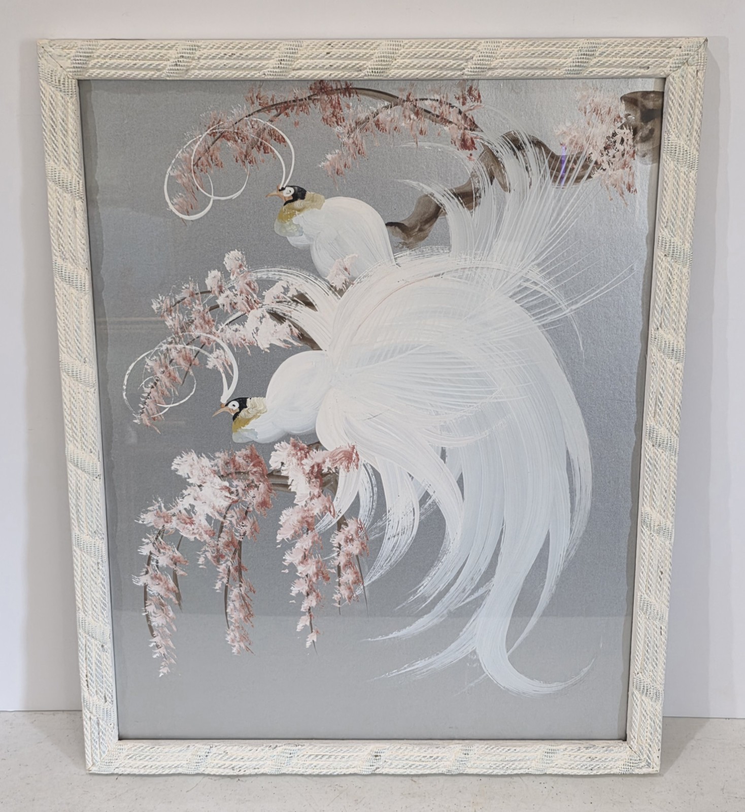 1950s MCM Birds Of Paradise Original Silverboard Painting Framed 17.5″x21.5″