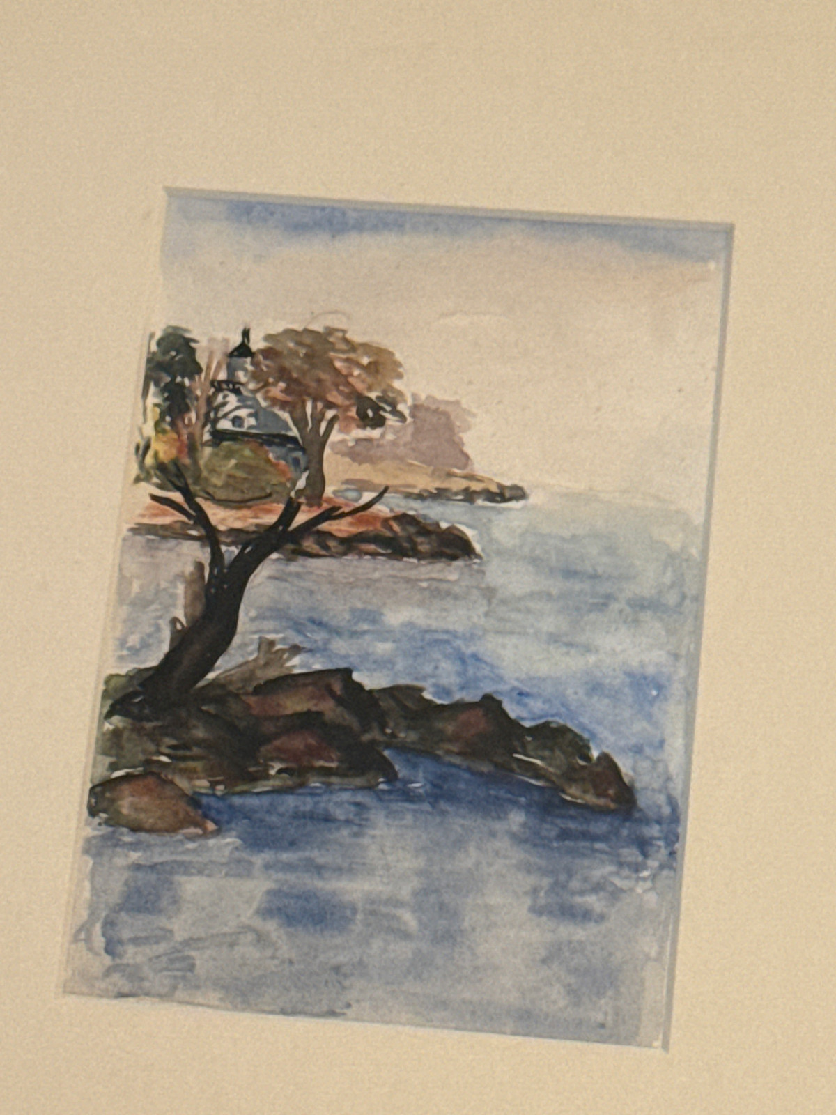 Original Coastal Watercolor in Greek Key Frame • Custom Tru Vue UV Glass