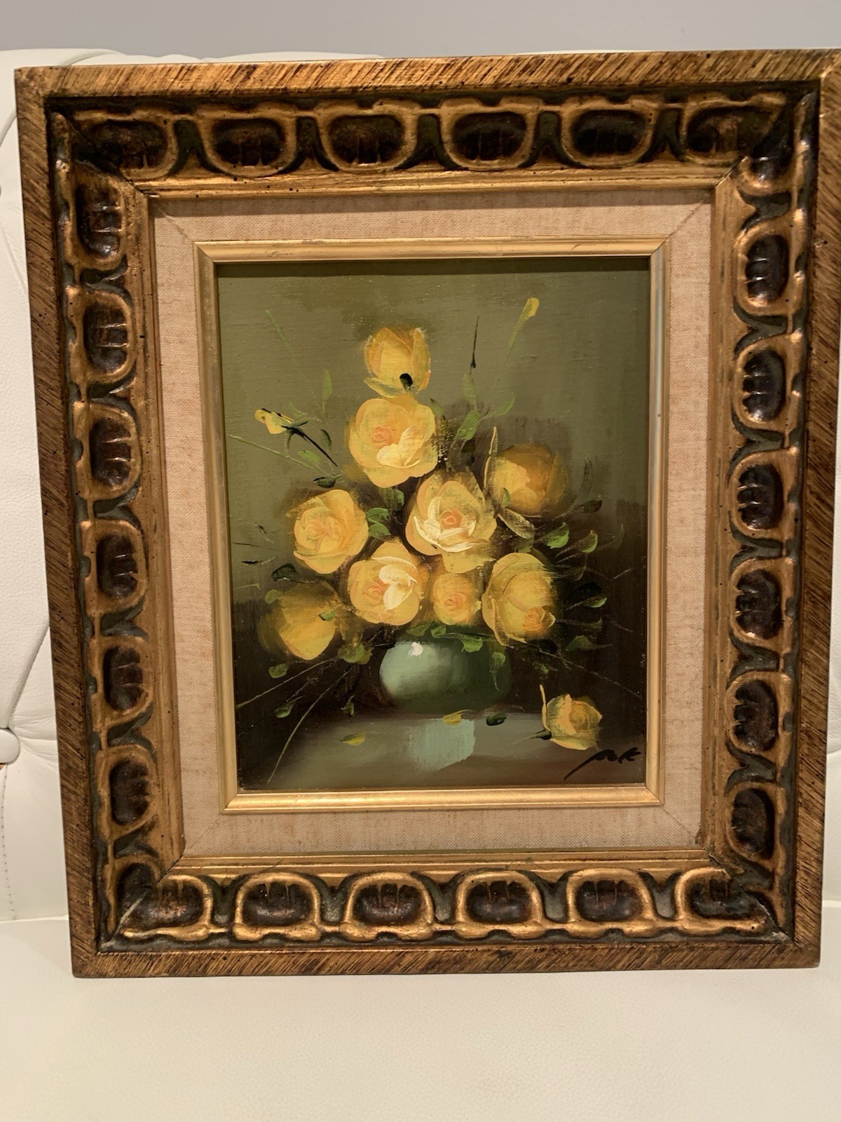 Vintage 13” by 15” oil painting of yellow roses in a vase.