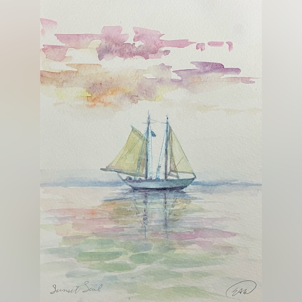original Sailboat Sunset painting watercolor art boating Realism ocean calm USA