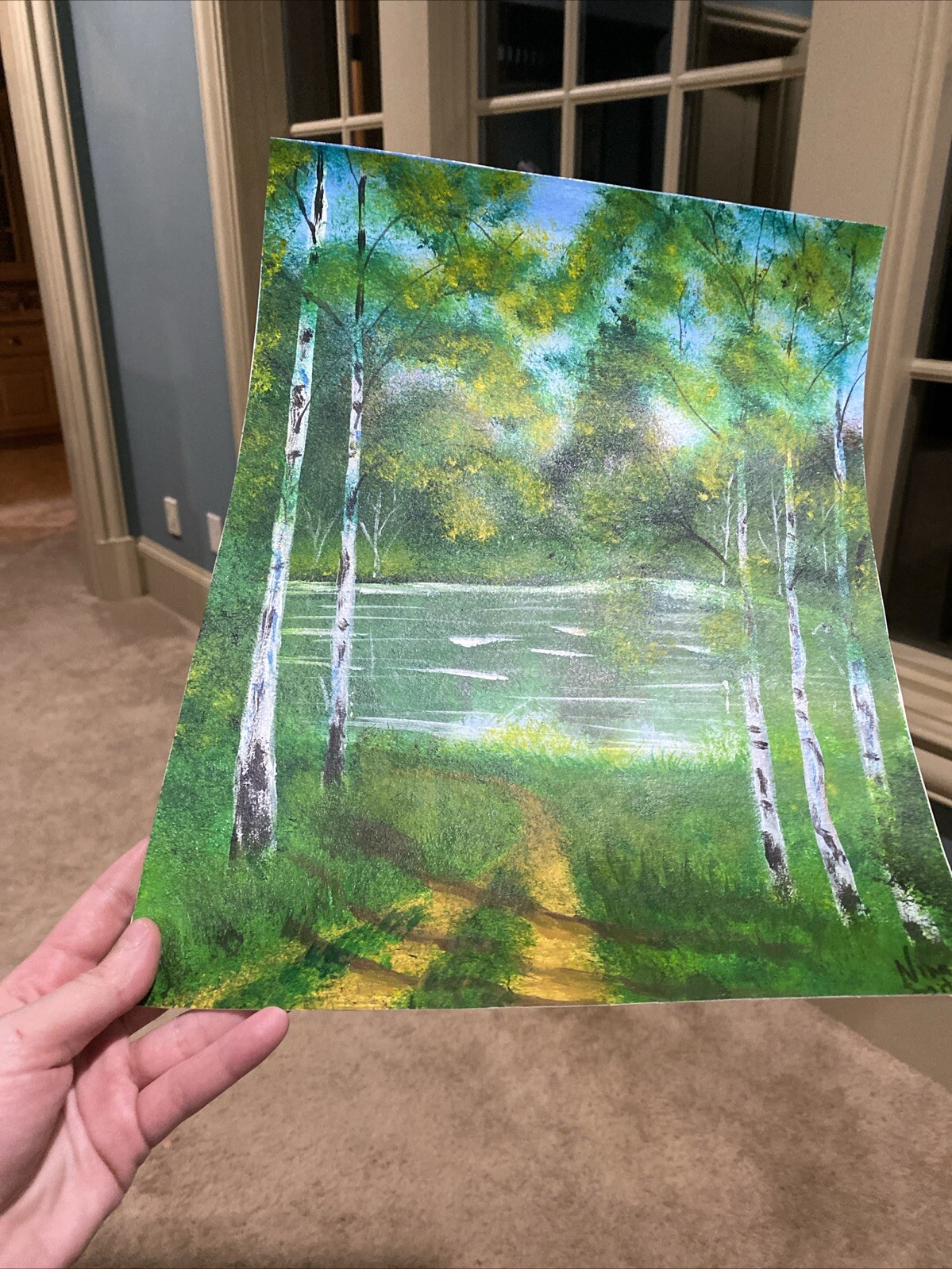 Birch Forest And River,landscape Abstract Acrylic Painting On Paper 10,5/13,5