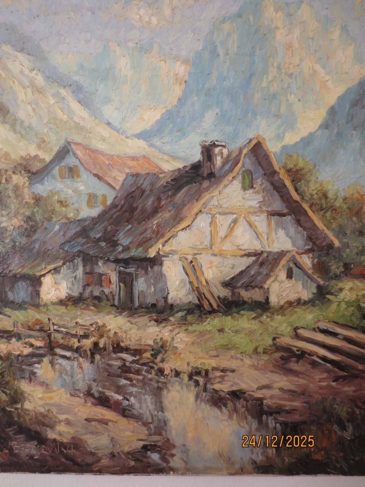 Antique painting: «Cabin in the Mountains» Hans Bogojevic oil on canvas around 1920