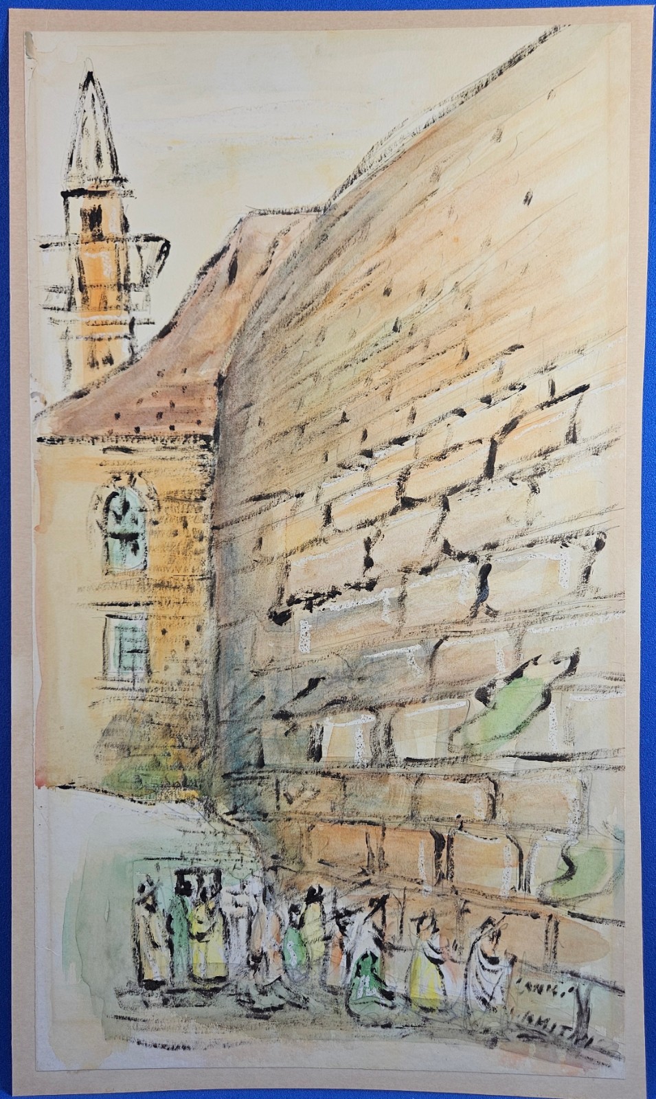 «Rabbis at Wailing Wall Jerusalem» Mixed Media Watercolor Signed by Artist
