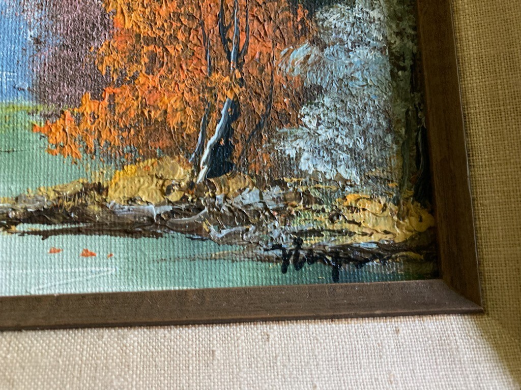 vtg original oil painting on board 8″ x 10″ framed matted landscape signed