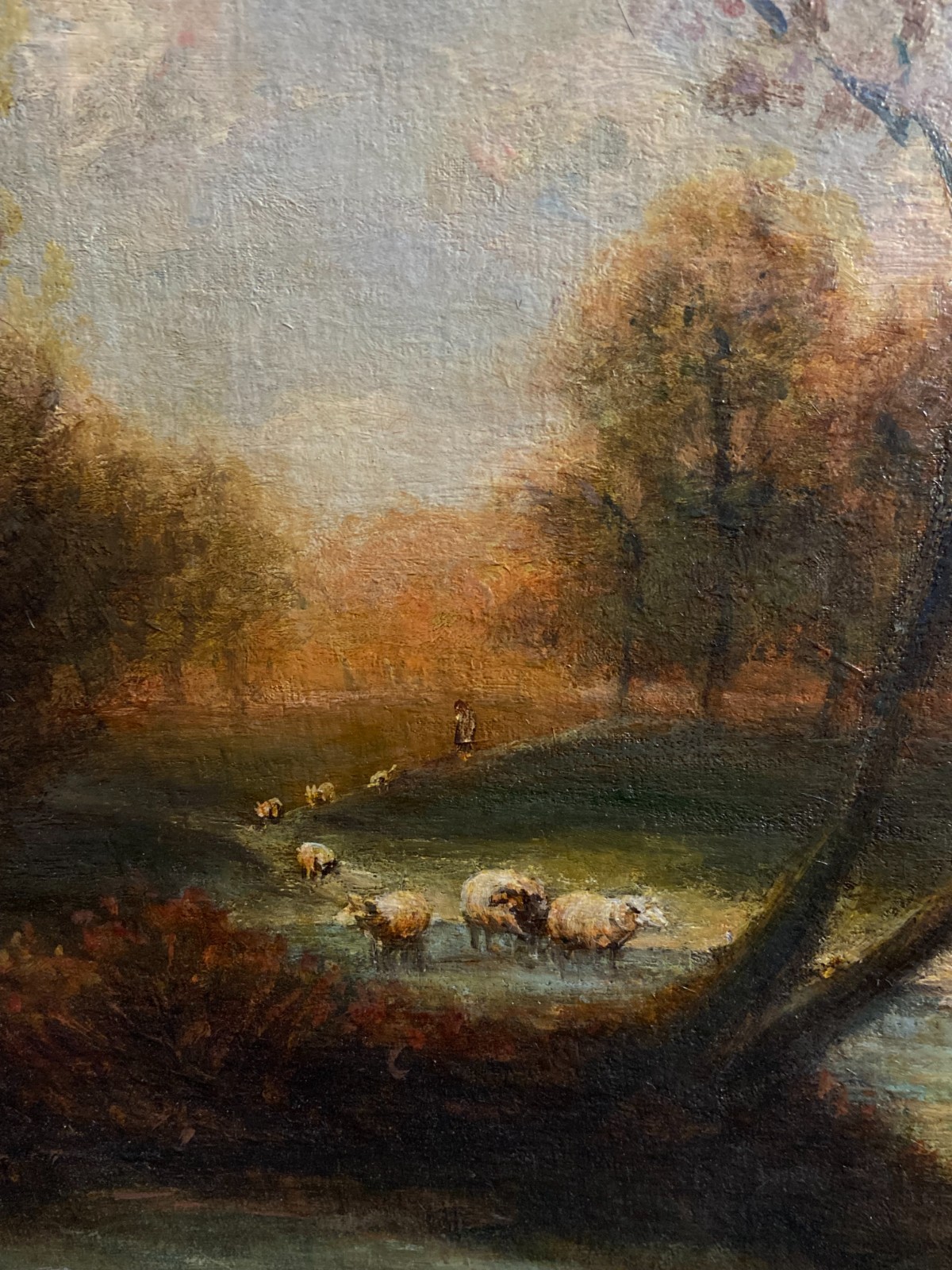 French School 19th Century Landscape Animated Shepherd & Sheep Herd Oil Painting
