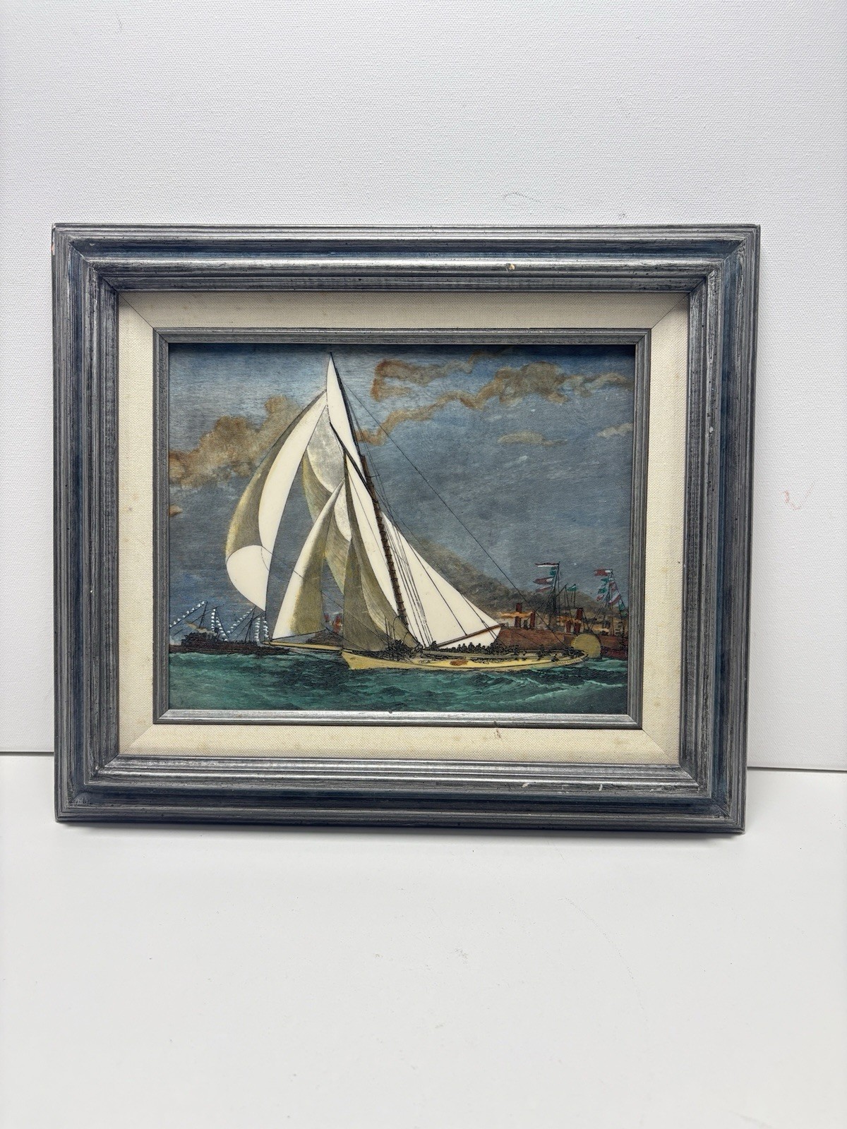Vintage «KEEP ASTERN» SAIL SHIP SEA Framed Painted ETCHING On Glass 14.5 X 12.5