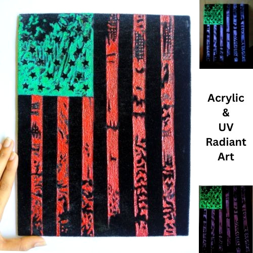 American Flag Black Velvet UV Radiant Paint & Acrylic Medium 8.5×11 Hand Art NEW