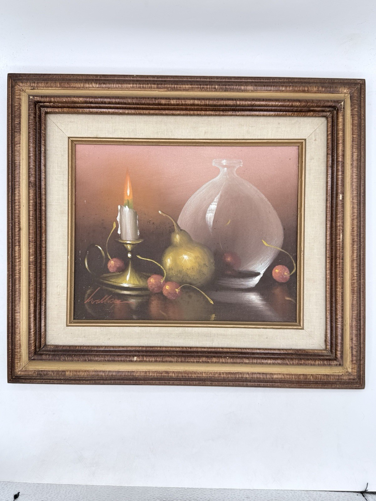 C. John Wallace Still Life Painted On Canvas Candle Fruit & Pitcher