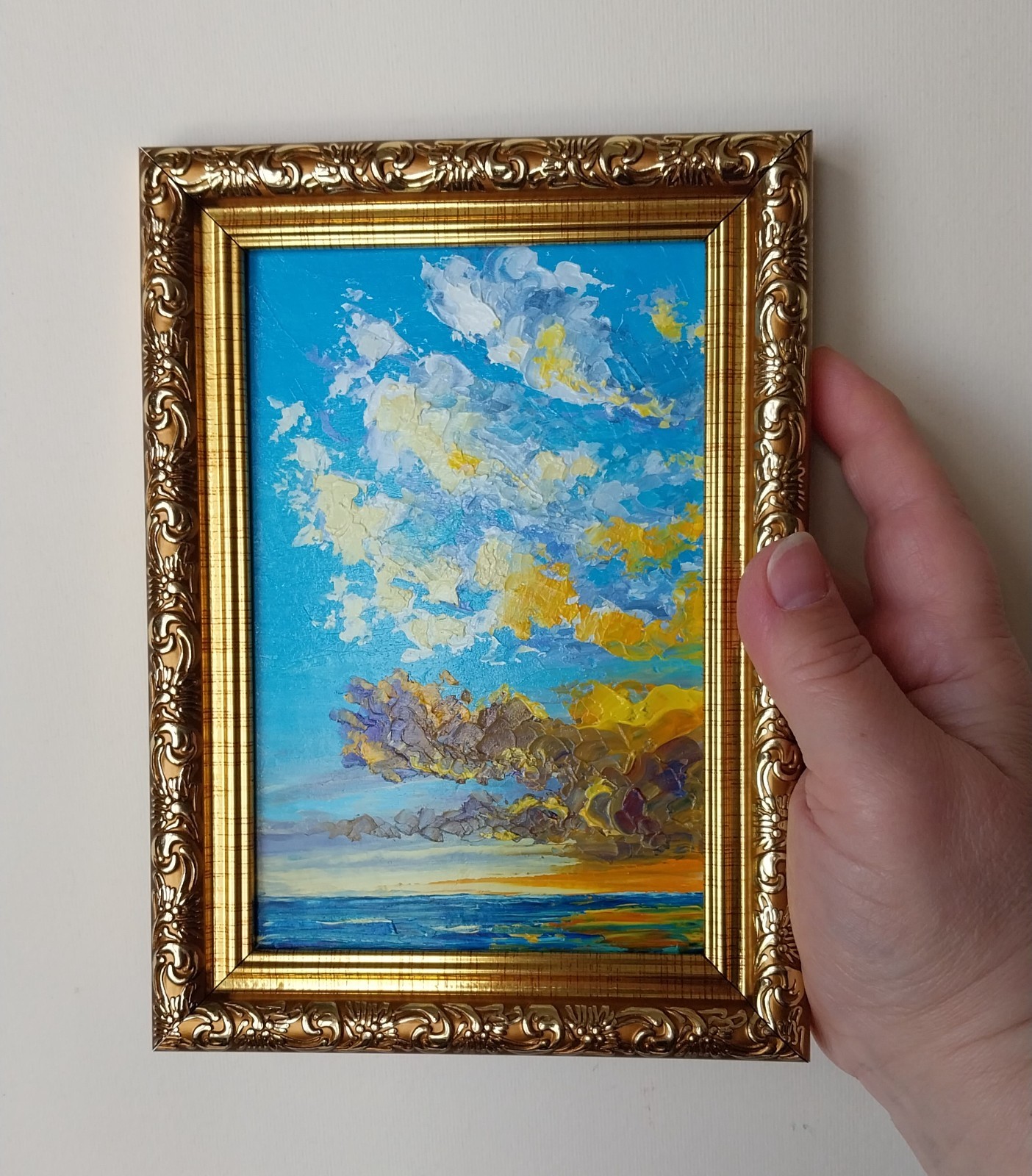 Framed Sunset Seascape Clouds Over Sea 4×6″ Original Oil Painting Impasto Art