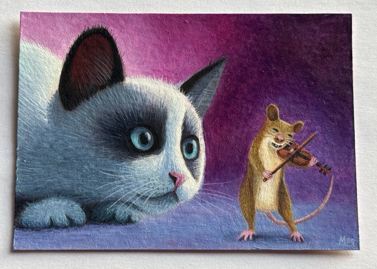 ACEO Original Painting Mag Cat and Mouse Adventure Violin Concert ATC COA 2018