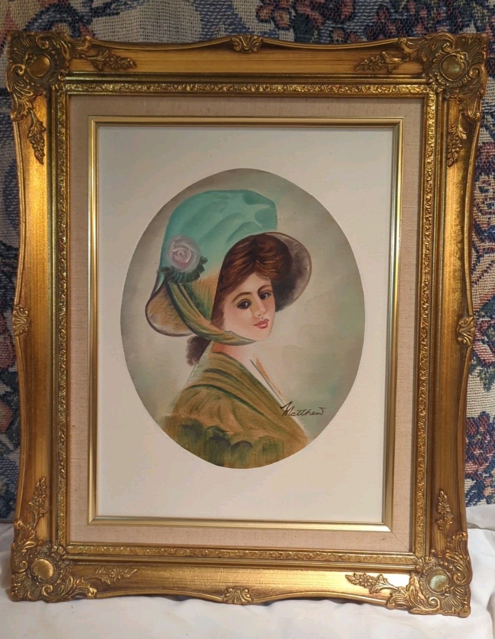 Oval Painting On Canvas Portrait Edwardian Lady Ornate Gold Wood Frame 18 X 22