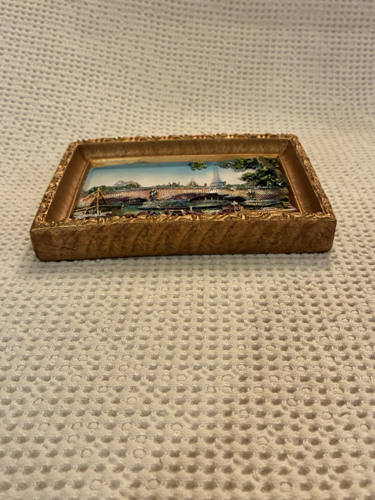 3D Painted resin &plaster relief gold “frame” Seine river Eiffel Tower Paris 5×7