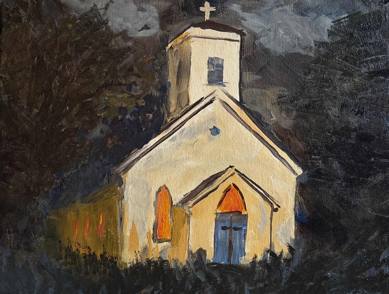 Church Painting 11×14 Original Moody Landscape Religious Architecture Art
