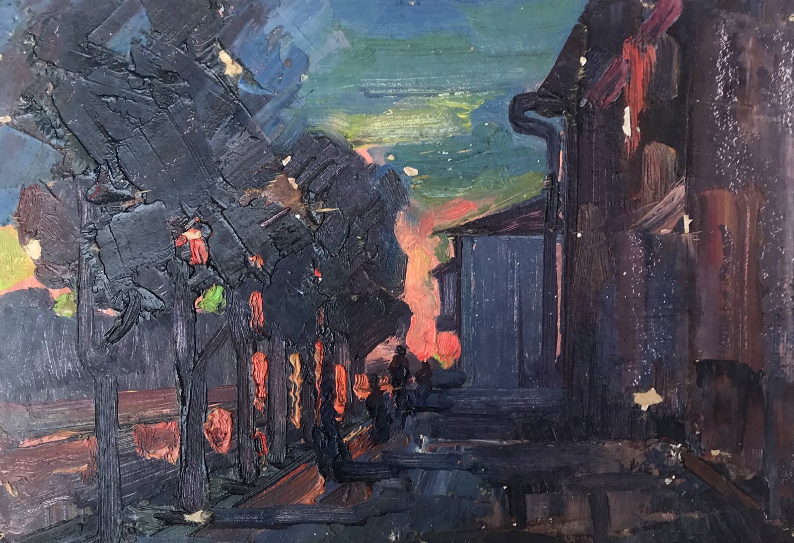 Oil Painting Evening City P. Tovpev Unframed Original Home Decor Art nAAA3190