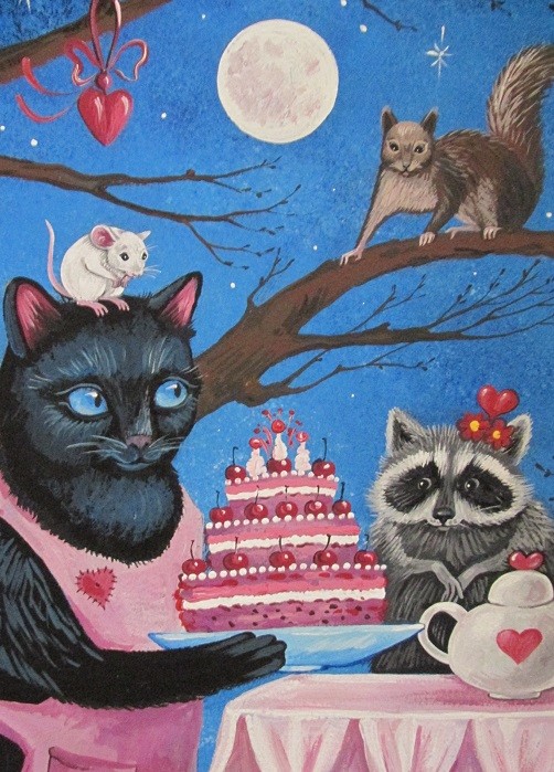 PRINT OF ACEO PAINTING RYTA BLACK CAT VALENTINES DAY RACCOON MOUSE SQUIRRELL Art