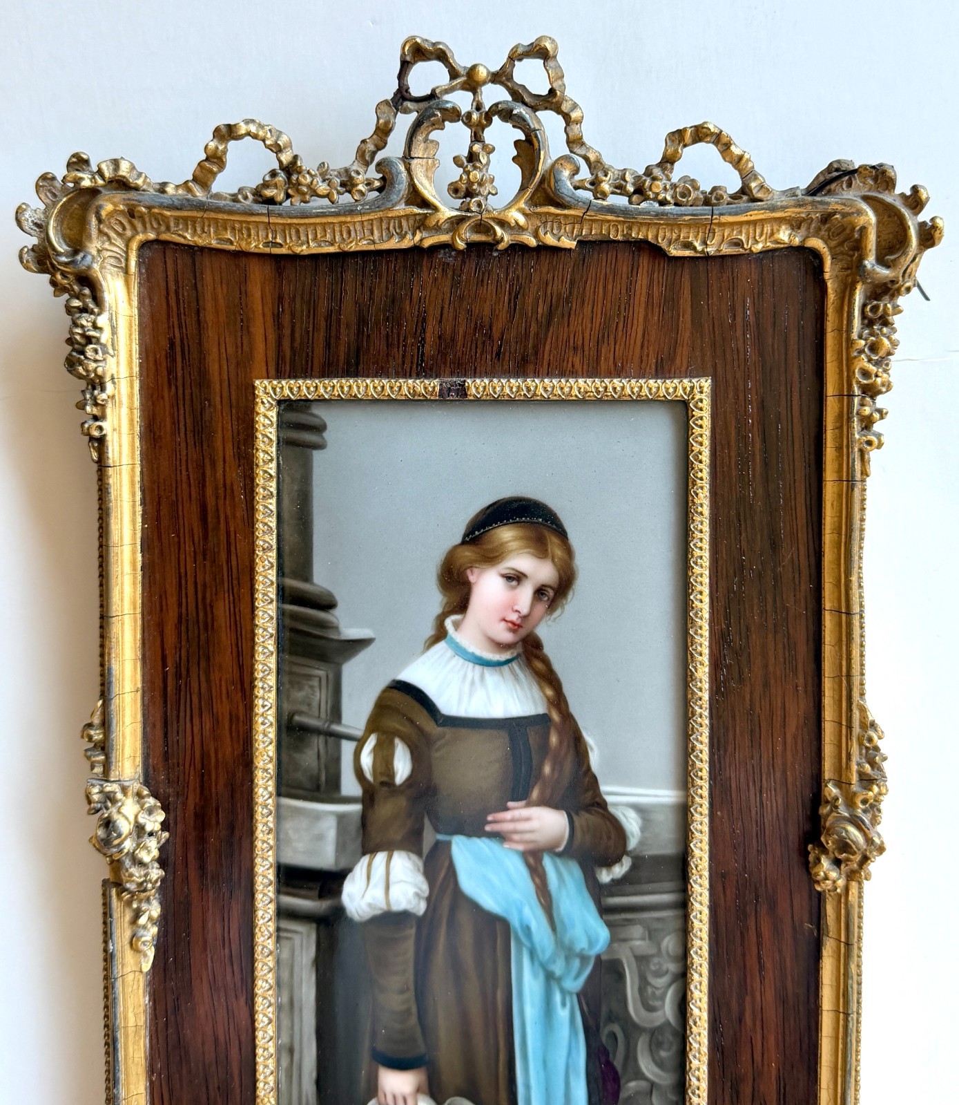 Antique Hand Painted Porcelain Plaque Young Woman w Pitcher Framed