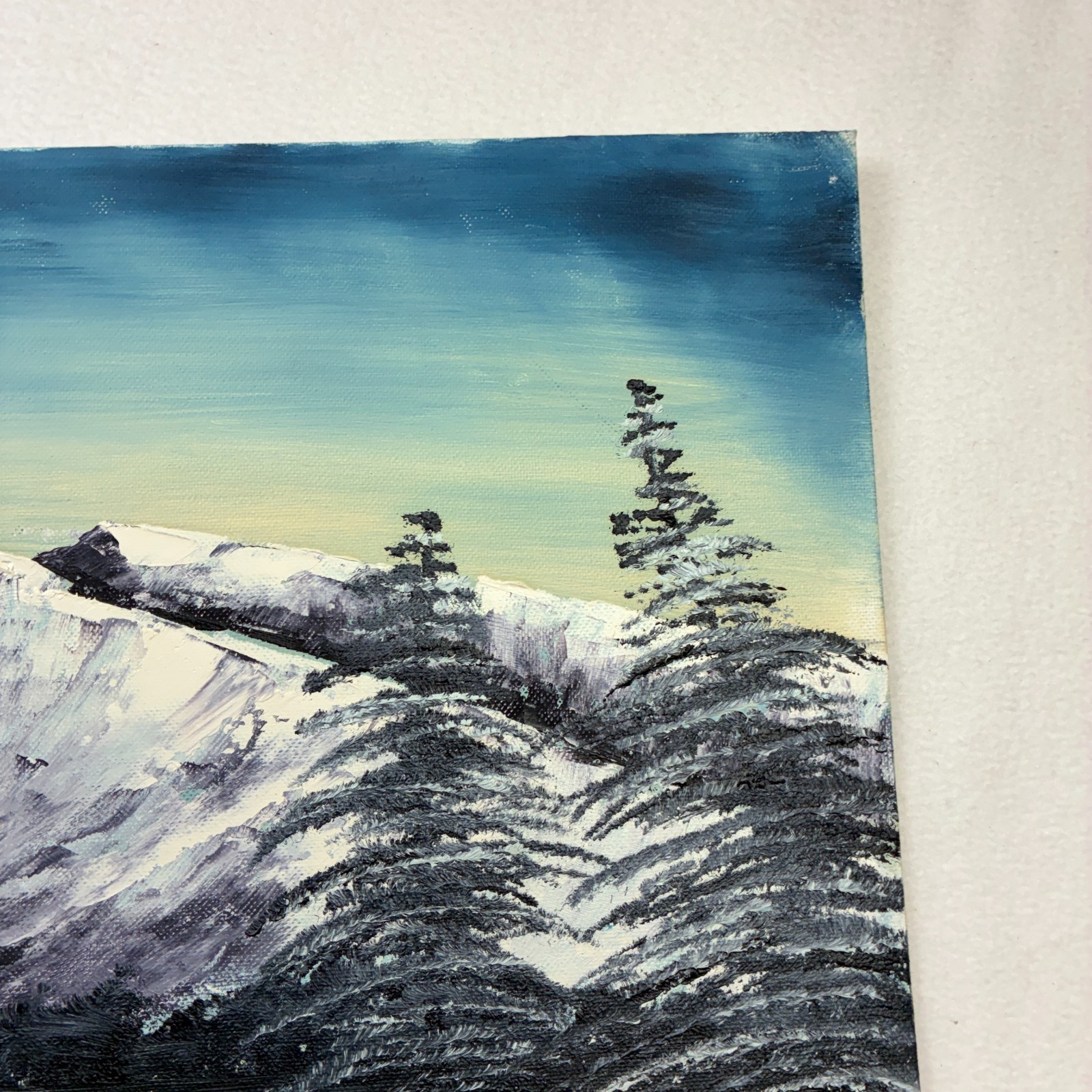 Winter Mountain Lake Original Painted Oil on Canvas Board 20×16 Unframed Signed