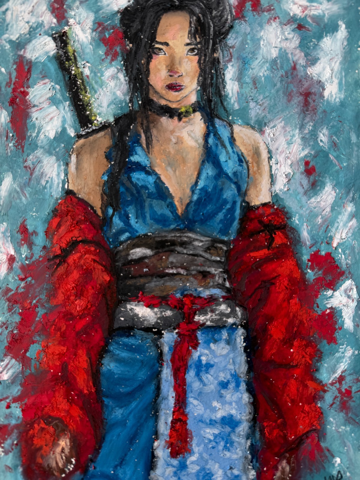 Geisha Original Art Woman Wall Art Japan Girl Oil Pastels Art Samurai Art Woman