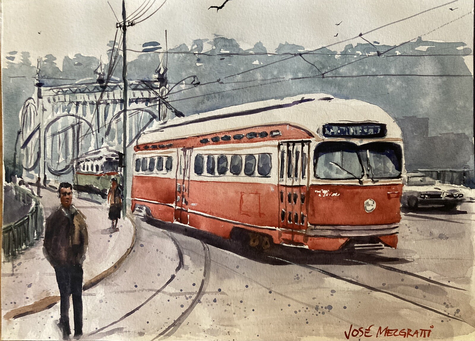 Original Painting in Watercolor «Pennsylvania Streetcars “ 15″x 11» NOT A PRINT