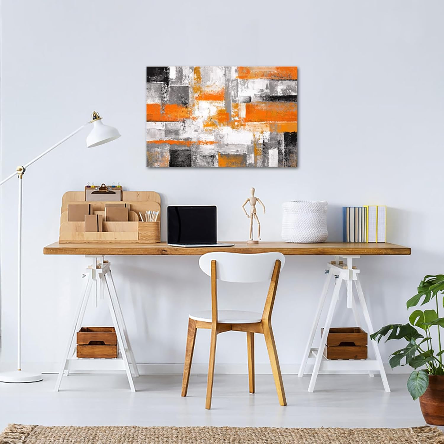 Orange Grey Geometric Canvas Art – Modern Abstract Wall Decor 24×36 Inch