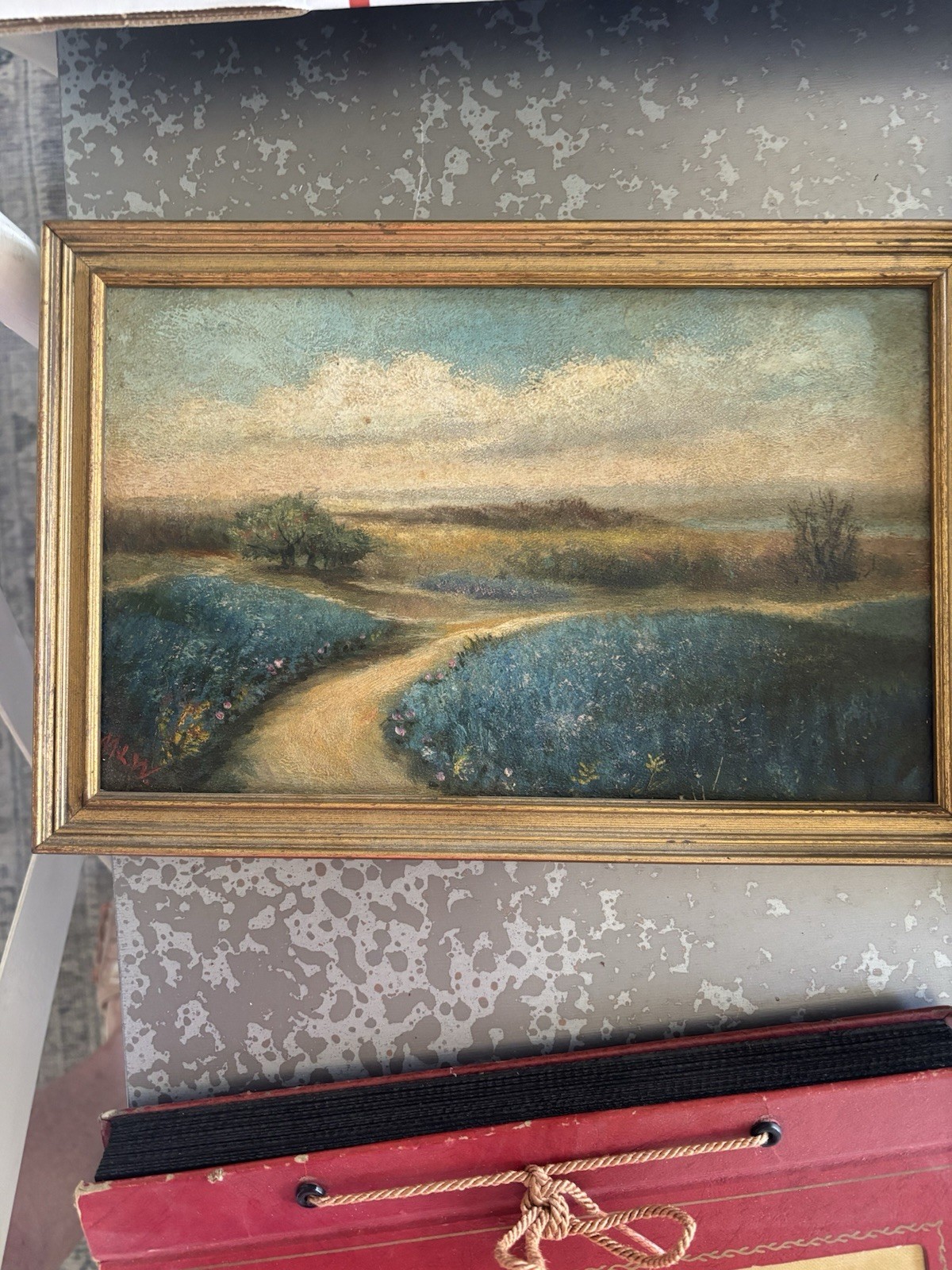 Impressionist Framed Landscape Path Field Trees Sky Painting on board