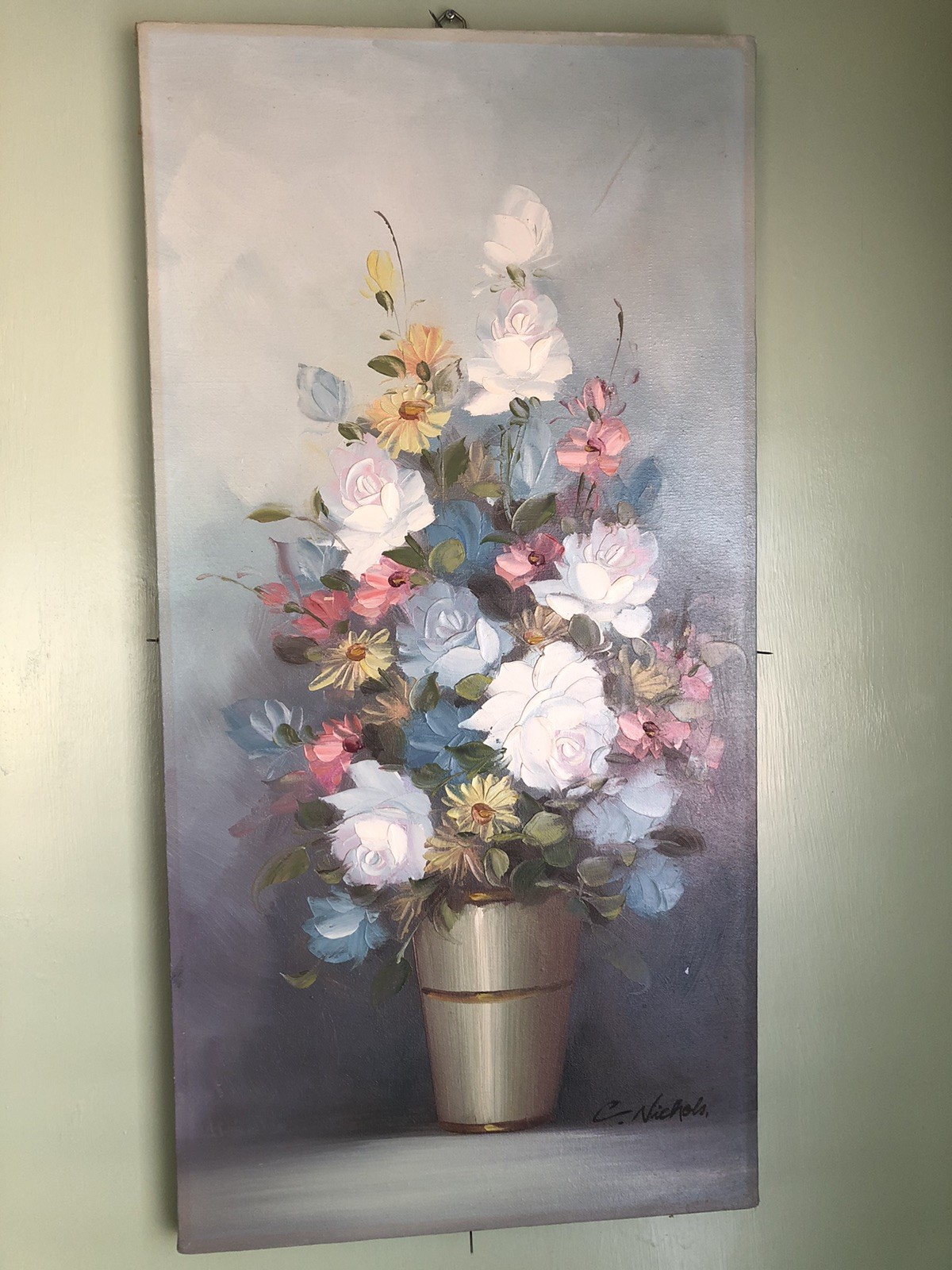 C Nichols Flower Painting Canvas 24×12” Impasto Multi Color Flowers In Vase