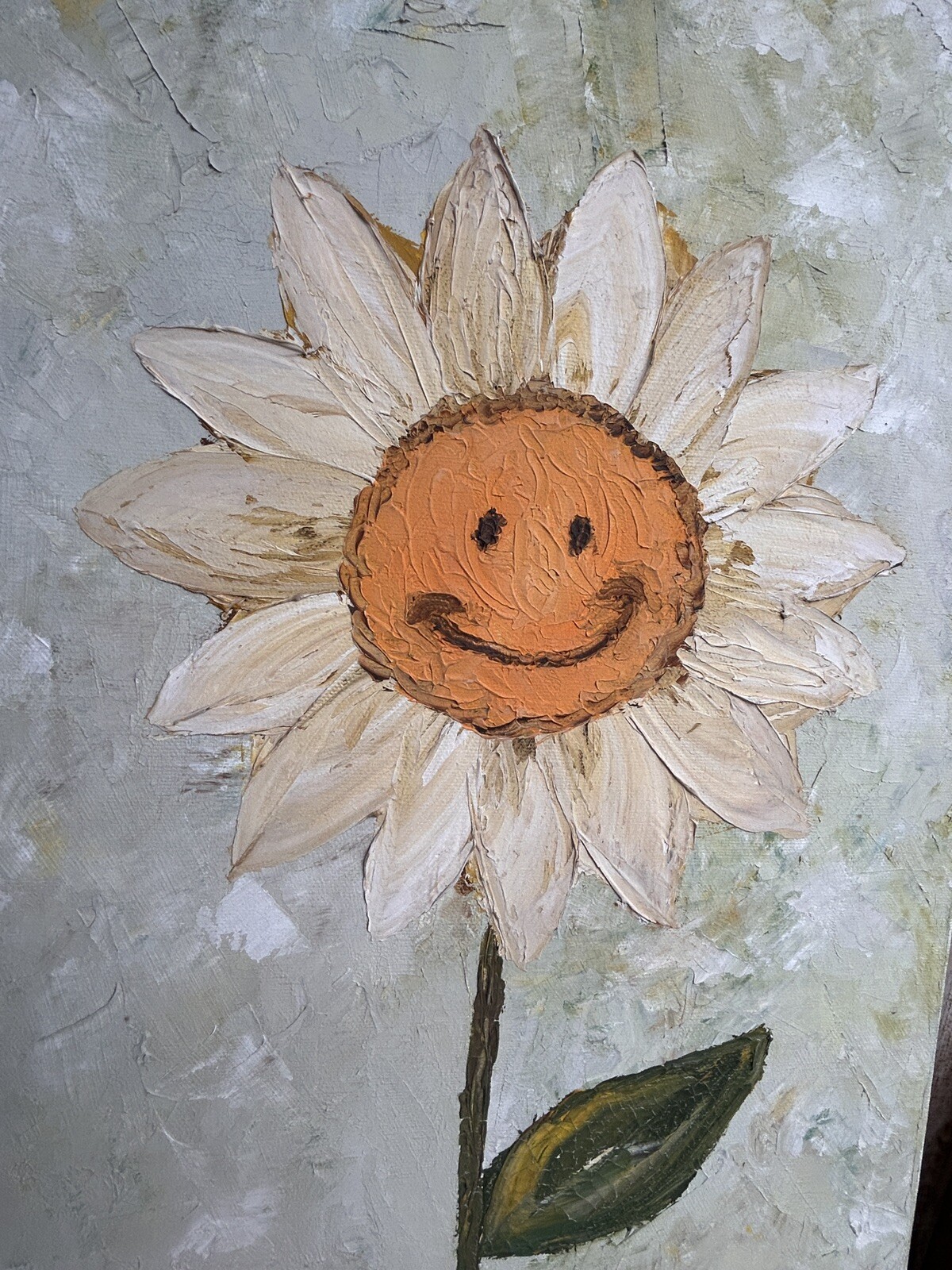Original Canvas Smiling Daisy Painting Signed Kid Art Child or Sun Room Unframed