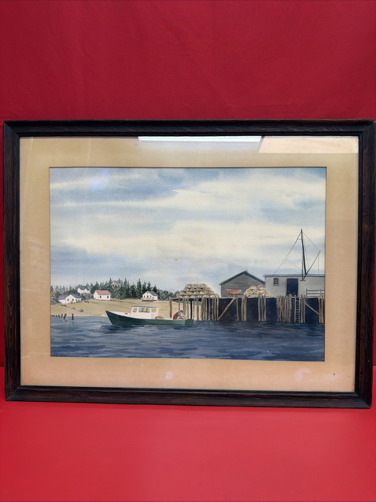 D. Johnson Signed Original Watercolor Coastal Harbor Fishing Boat Painting
