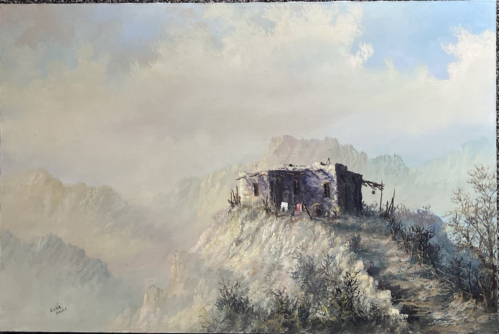 Original Oil Painting 24×36 Old Homestead By Lester Hughes (1938-2021) Signed