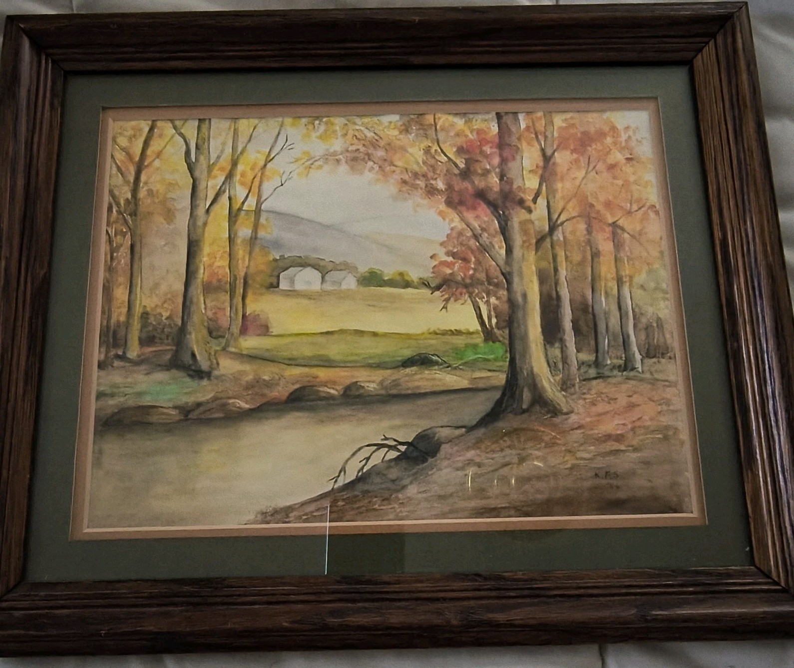 Original Watercolor Painting Autumn Fall River Wood Stream Scene Signed 1966