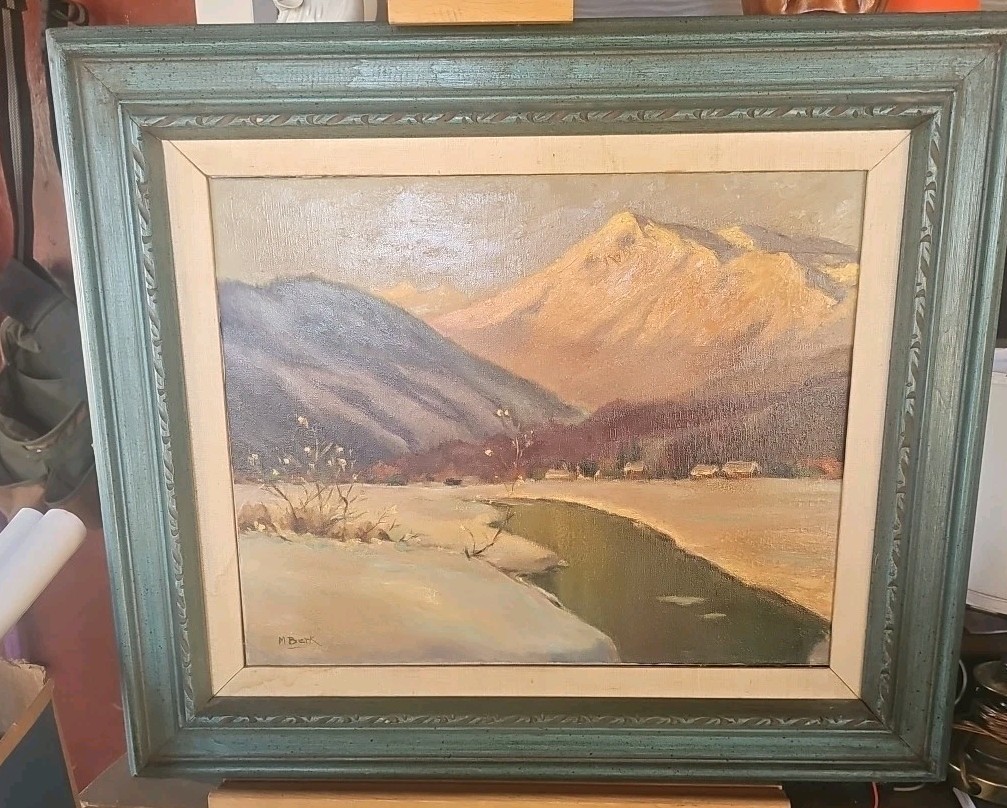 Winter Mountain Switzerland Landscape Oil Painting by Minna Berk Framed 23×27