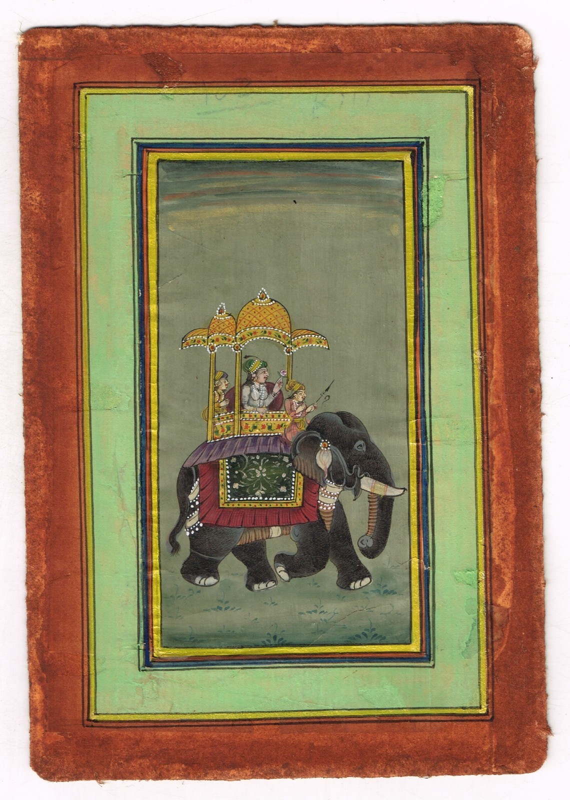 Indian Miniature Painting Of Mughal Queen Riding On Elephant On Paper 3.75X5″