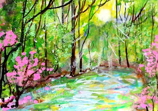 ACEO Original PAINTING Spring FOREST Stream TREES Sun Nature Landscape ATC ART
