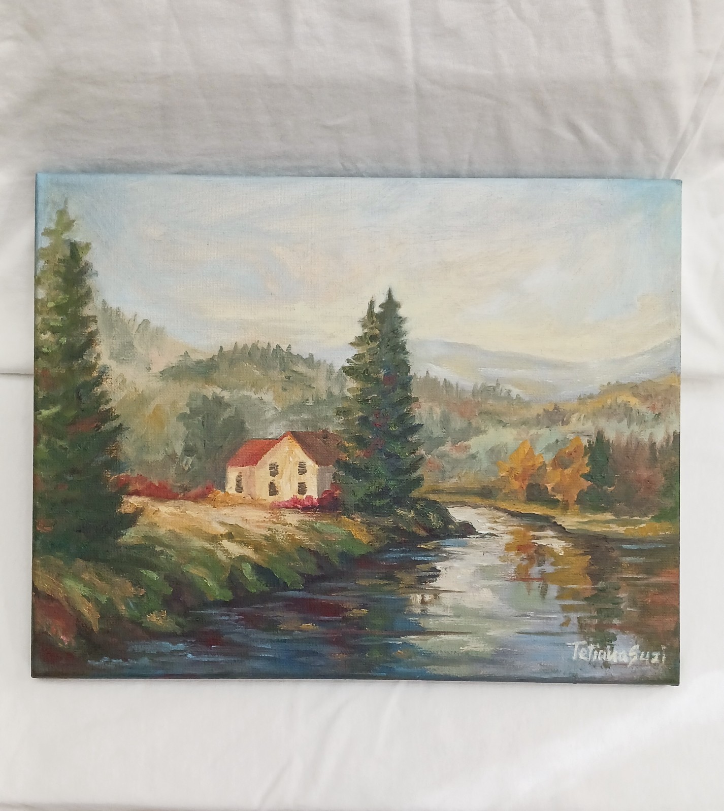 House by the River ORIGINAL Oil Painting Vintage Forest Country 11″x14″