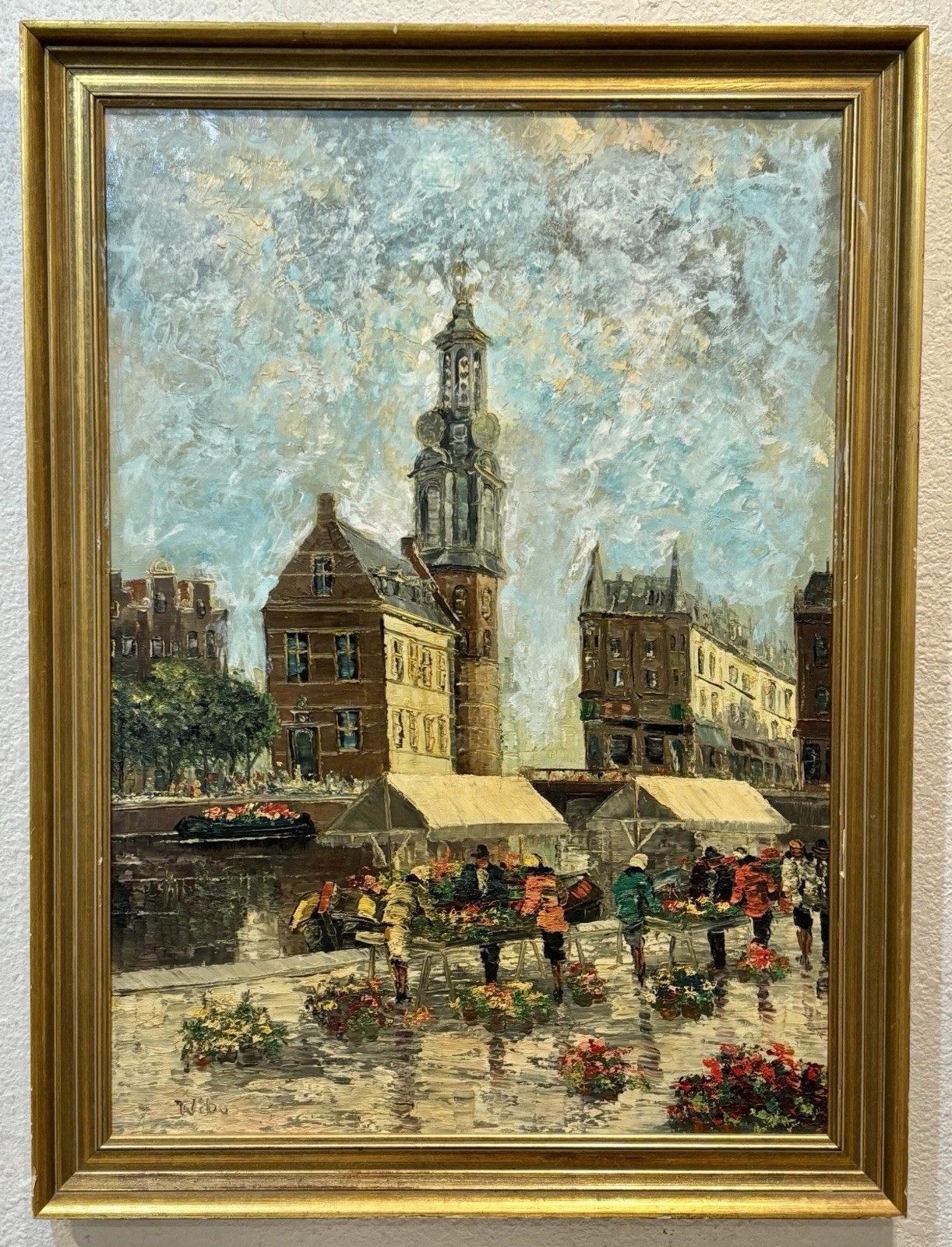 Original Signed Wibo Impasto Amsterdam Canal Market Scene Oil Painting Framed