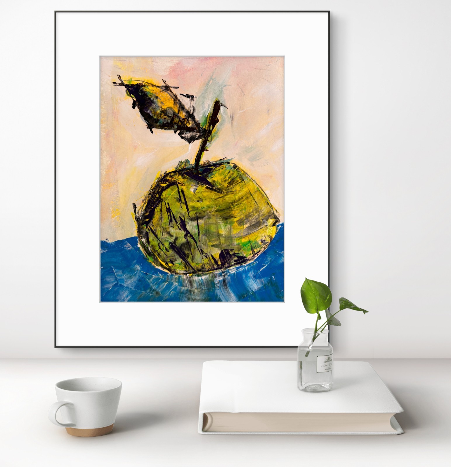 Original Abstract Expressionism 9×12 Green Apple Paper Handmade Signed Colorful