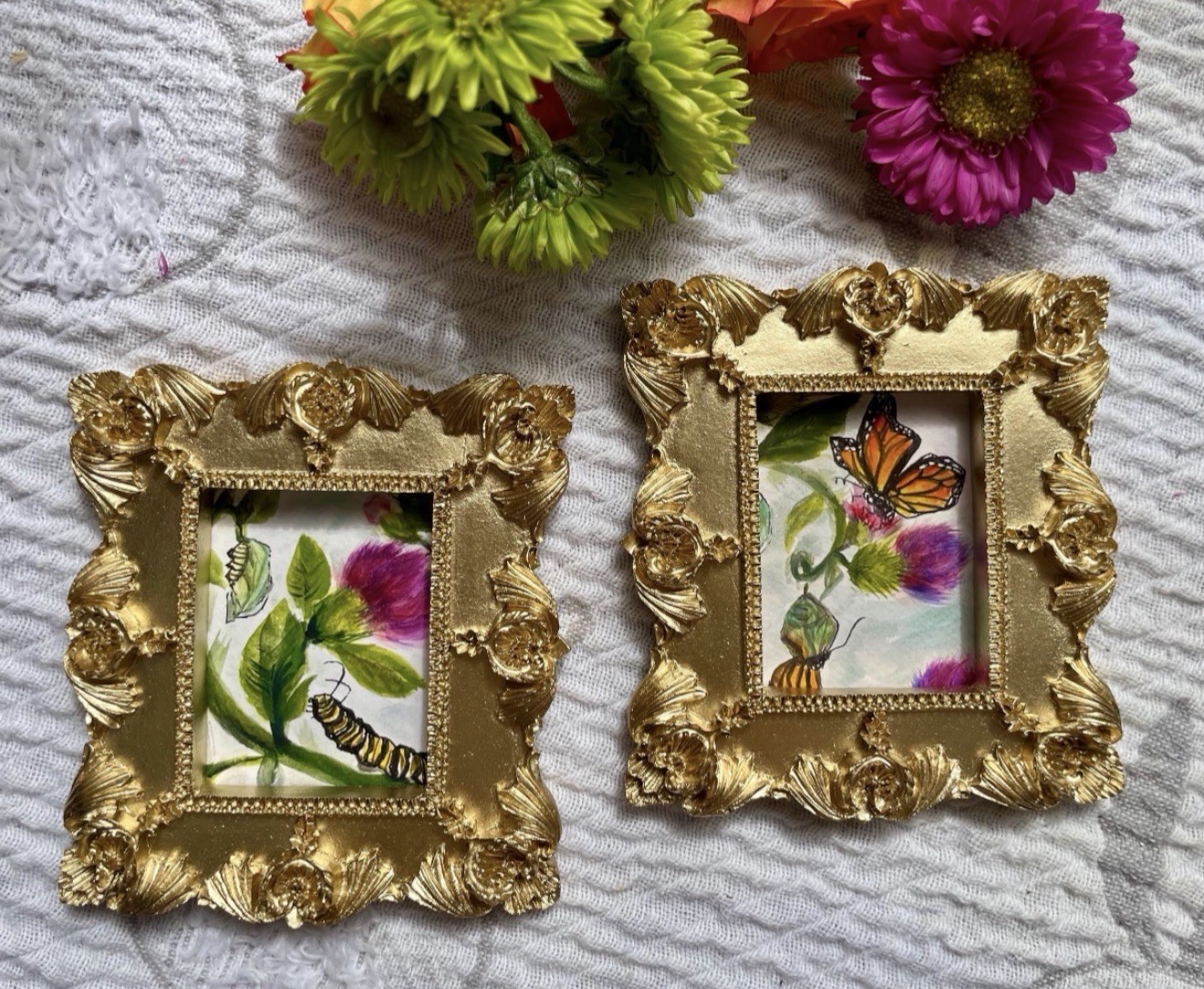 Caterpillar/Monarch Butterfly purple thistle mini print in vintage ornate frame