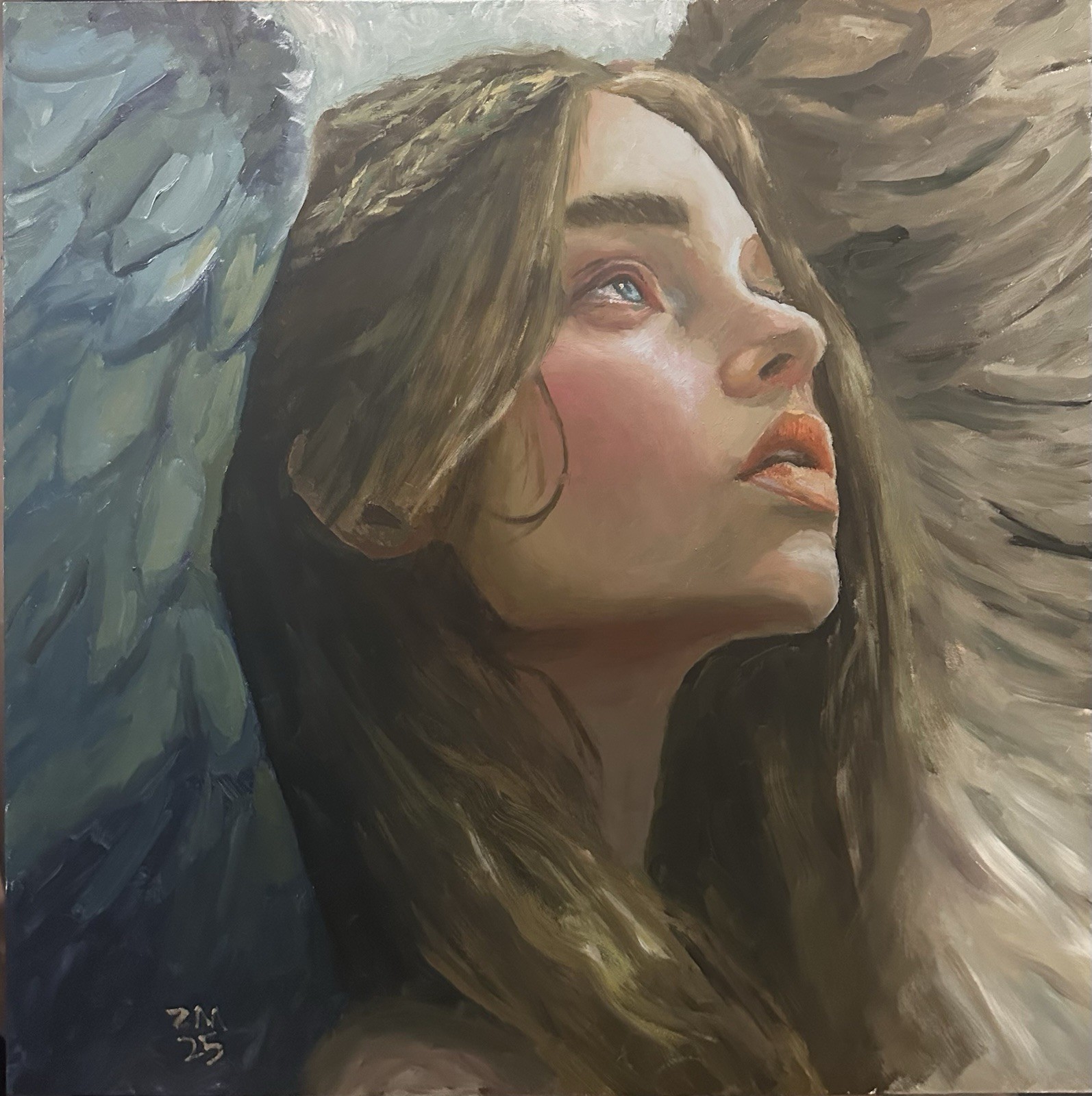 ZM Original OOAK Woman Angel Portrait Painting on Panel Ready to Hang 24x24inch