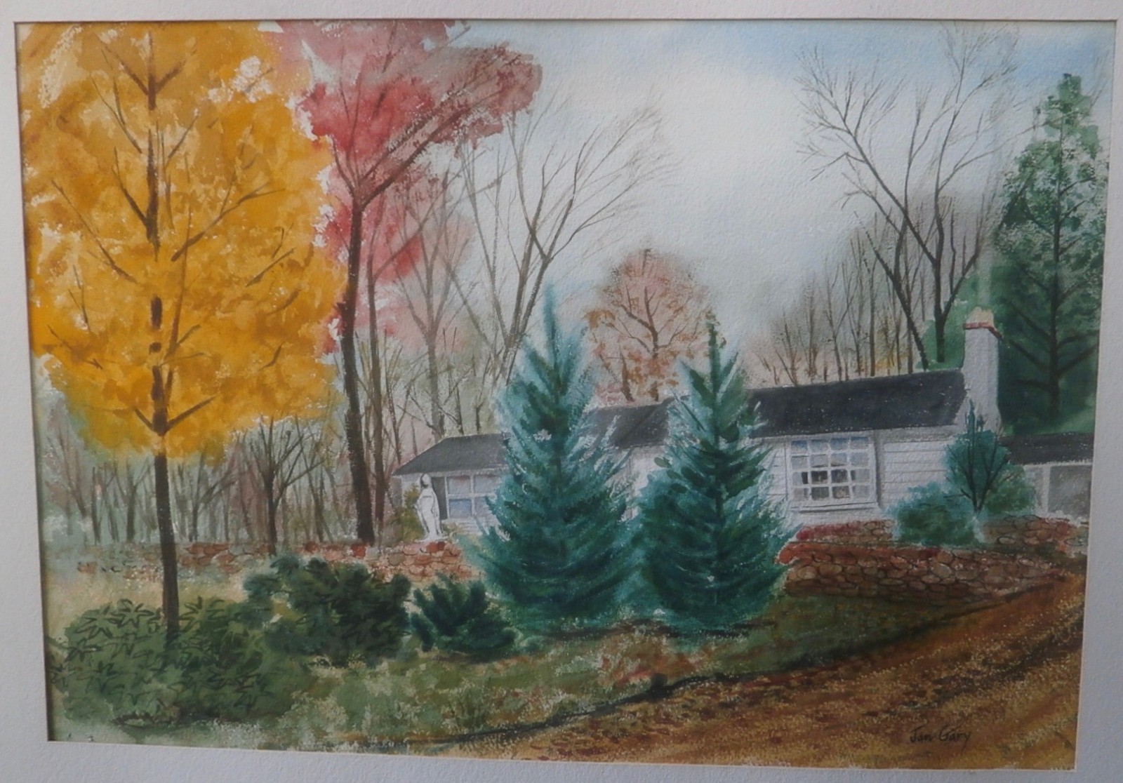 House in the Woods 15 x 22 1/2 W/C Painting-1950s/60s-Jan Gary-Listed