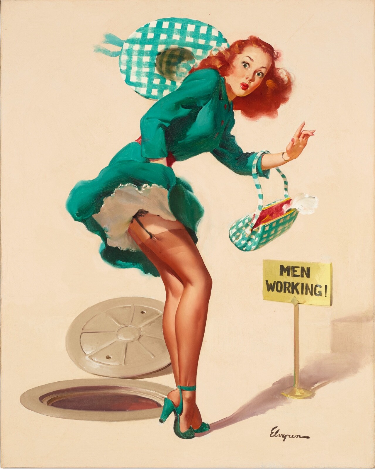 ELVGREN or BOLLES Pinup Original VANCAS Painting UPSKIRT Pin-Up Stockings 1of 2