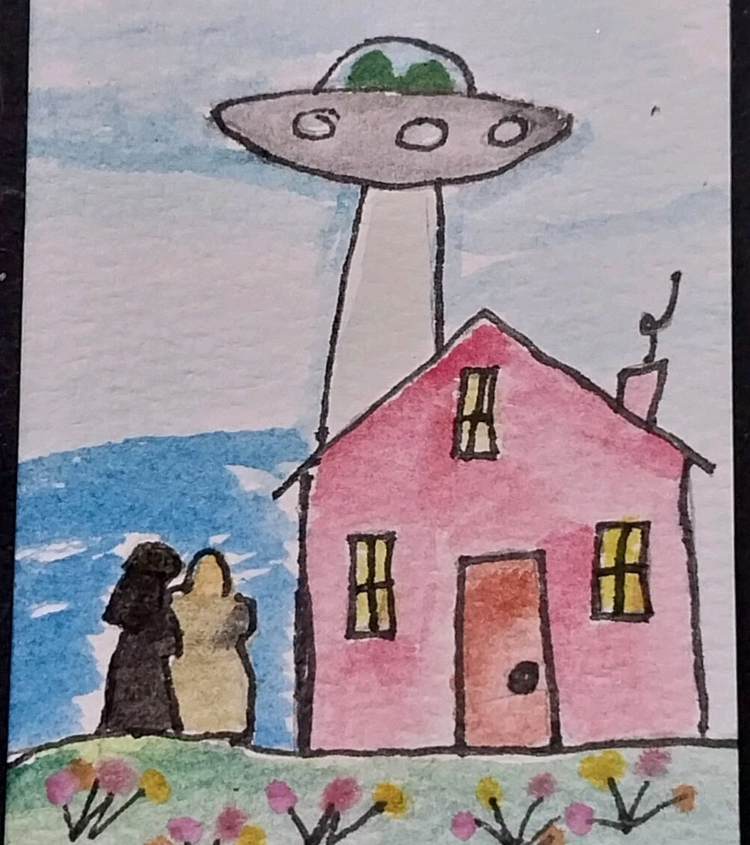 ACEO Ufo Spaceship Over House Painting Art Card ATC Watercolor People by GAT