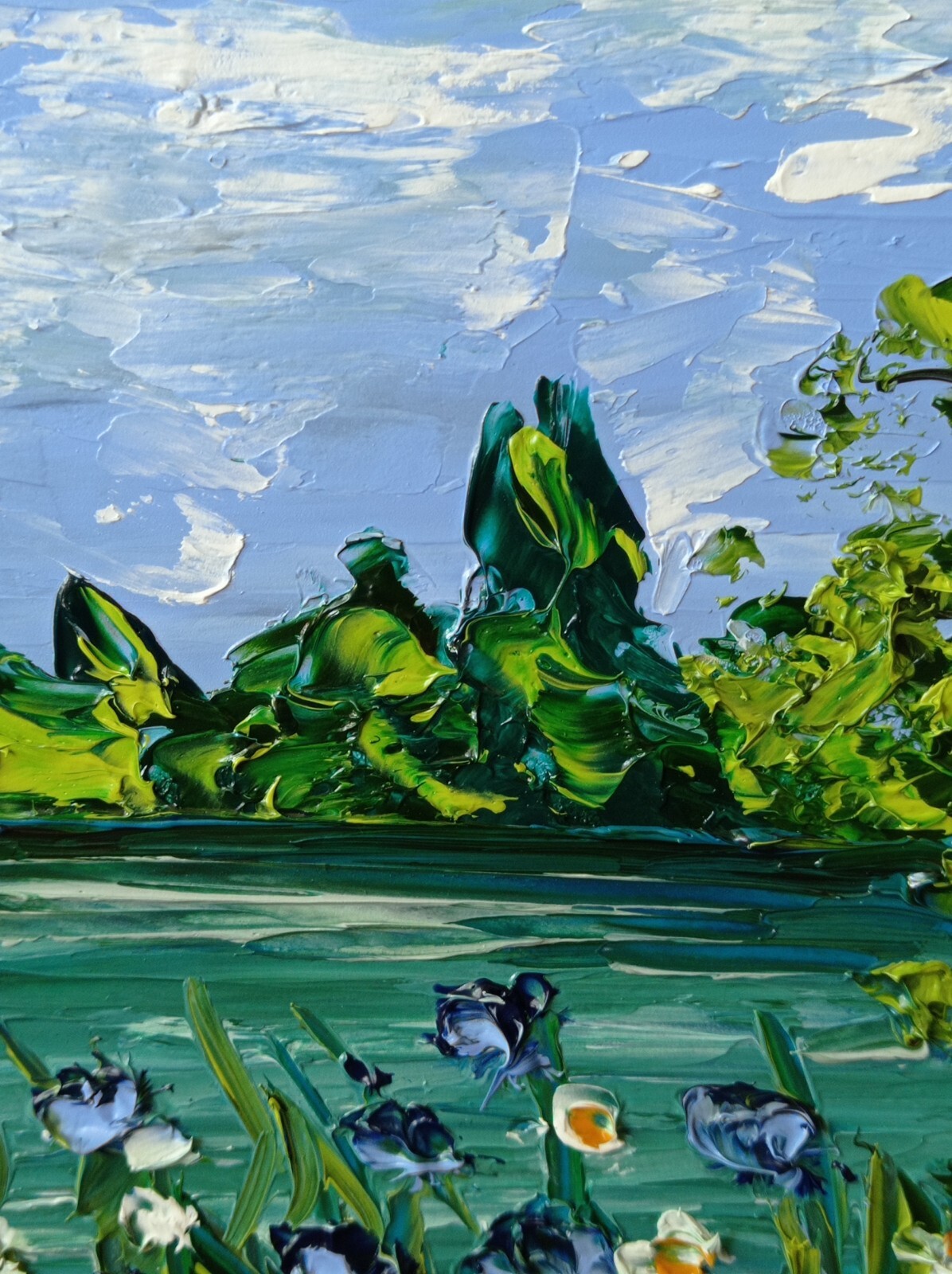 Cornflowers Sunset River Original Oil Painting Flowers Landscape Art size 6 x 6″