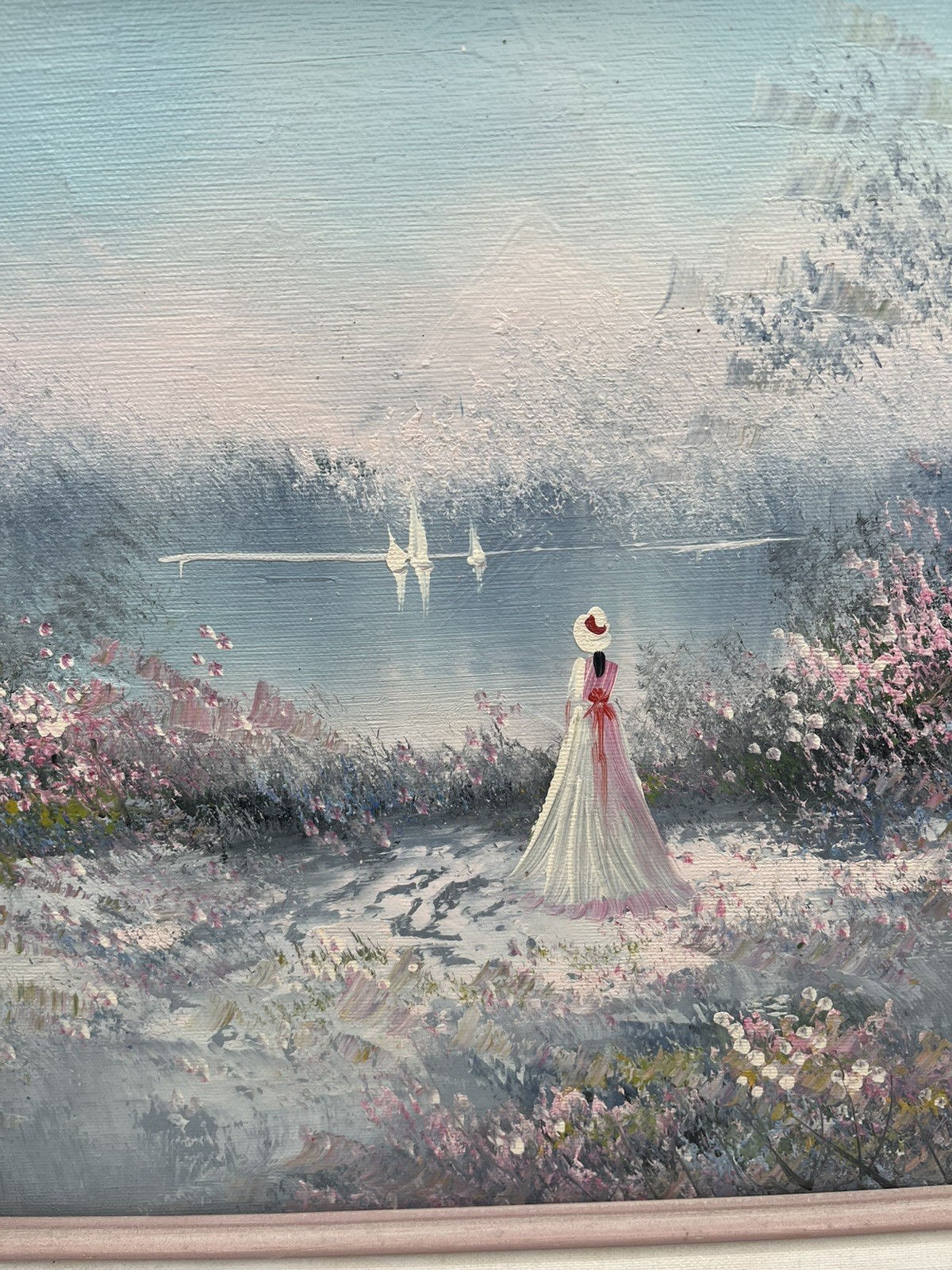 Original Oil on Canvas 12 X 16 Canvas – Woman In White Overlooking Pond