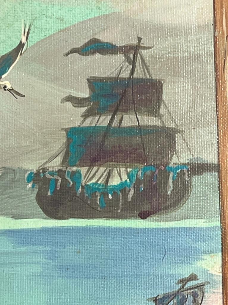 Vintage Nautical Coastal Beach Landscape Seascape Oil Painting Mermaid Dolphins
