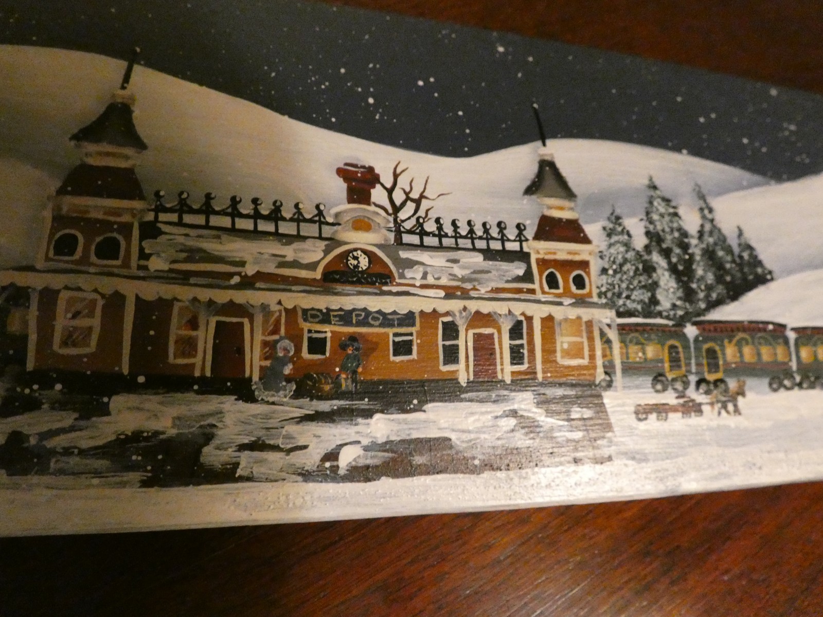 Winter Train Station Original Oil Painting on Wood Fan Blade Artist Signed