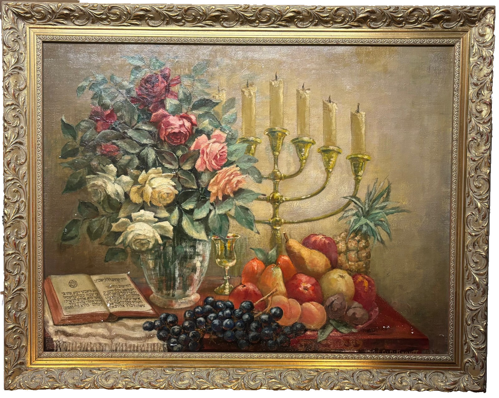 Vintage 1936 CARL GB KNAUFF Sabbath SHABBAT Jewish Table Still Life Oil PAINTING