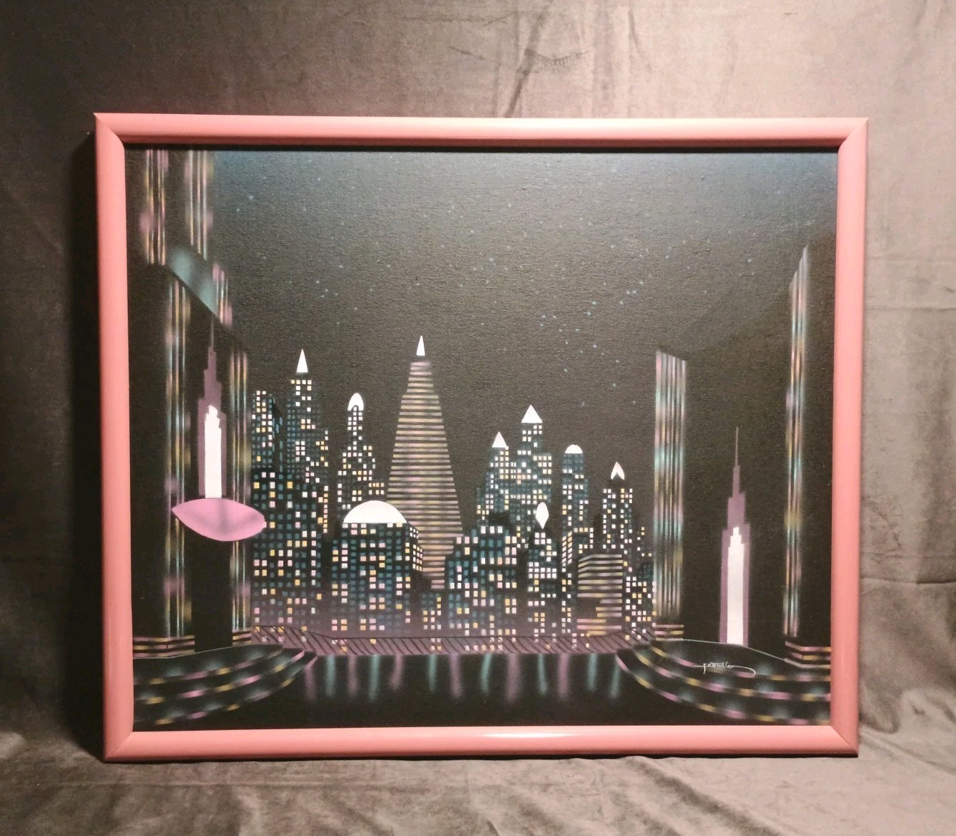 1980s Future Cityscape Paint Canvas 21.5 X 25.5″ Mauve Frame Frotello Print