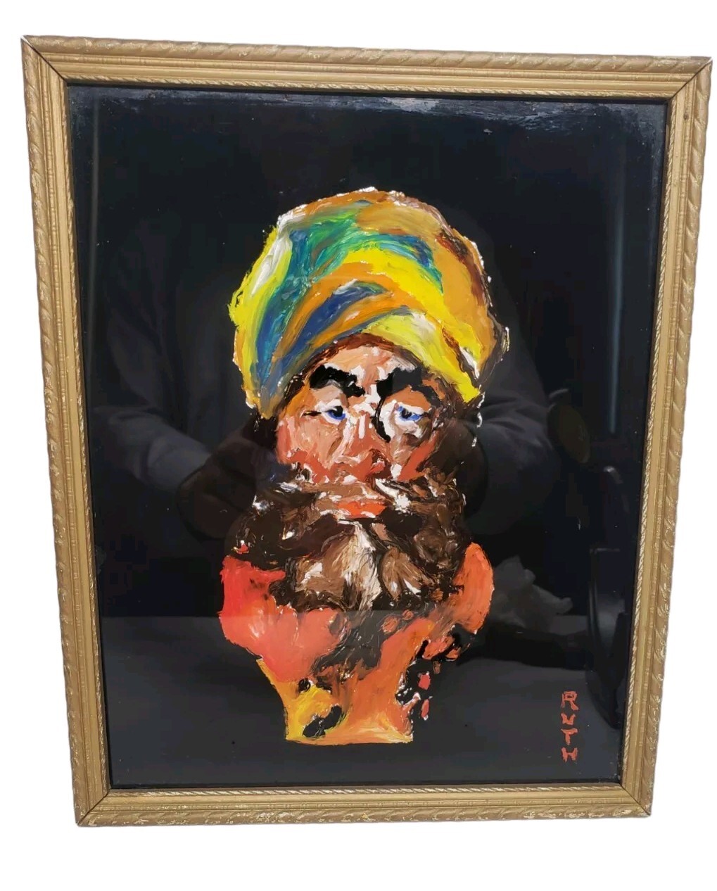 Vintage Reverse Painting On Glass Mediterranean Man Signed Ruth