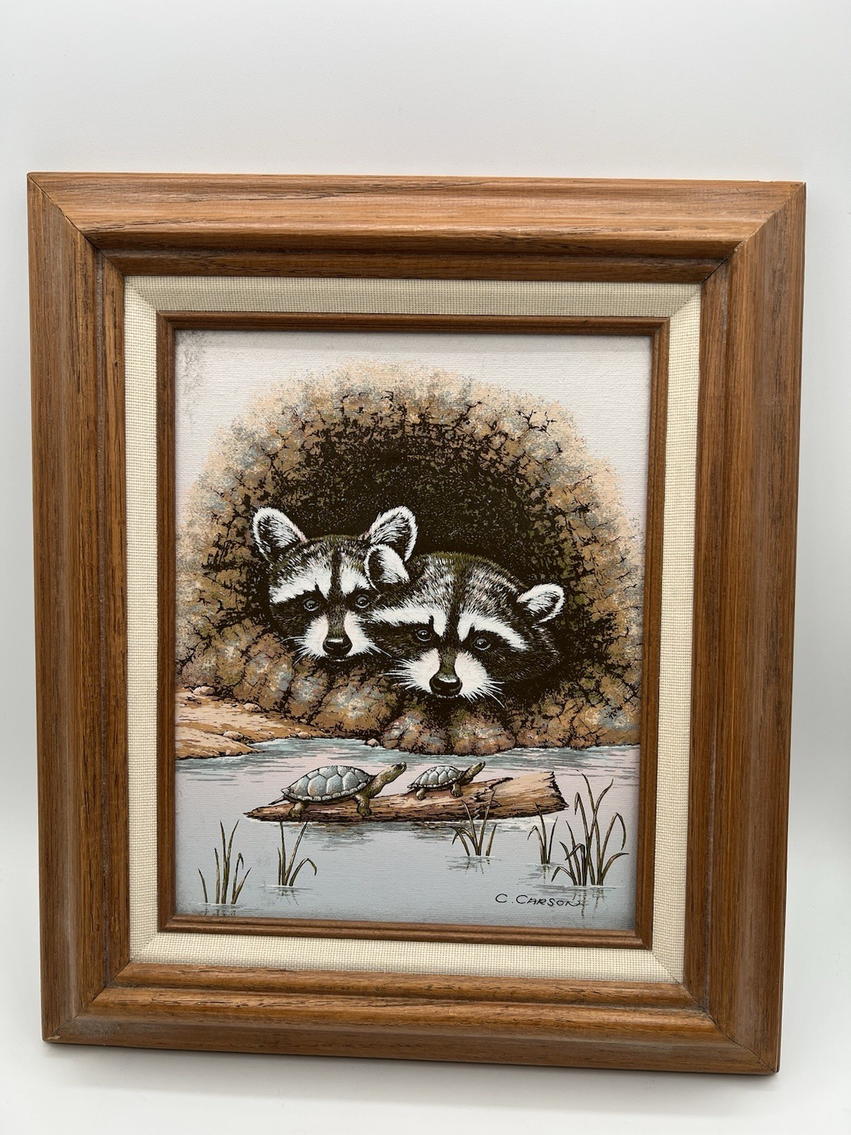 Raccoon and Turtles Oil Painting C. Carson Wood Frame